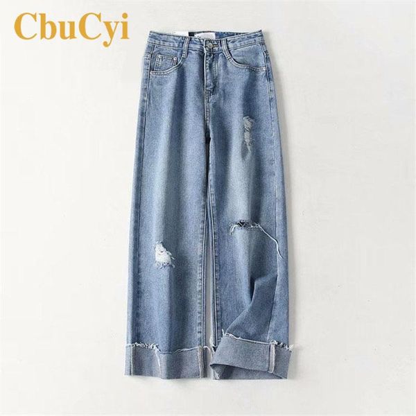 

women summer pants casual trousers for ladies blue ripped mid waist wide leg denim high street long hole jeans women's