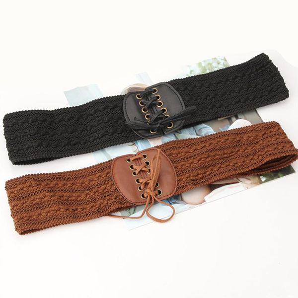

belts retro women waistbelt summer elastic woven cinch strap wide waistband bohemian beach dress accessory, Black;brown