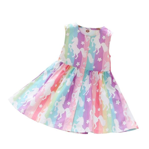 

summer girls dress creative rainbow stripe cartoon printing round collar sleeveless princess girl's dresses, Red;yellow