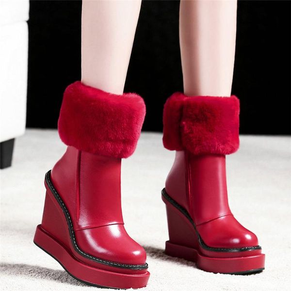 

boots high winter fashion sneakers women genuine leather wedges heel ankle female warm fur platform pumps shoes, Black