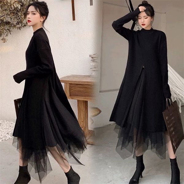 

size large female set autumn retro mesh sweater + irregular high-waist knit skirt suit of two fashion garments f2177 q2f6, Black