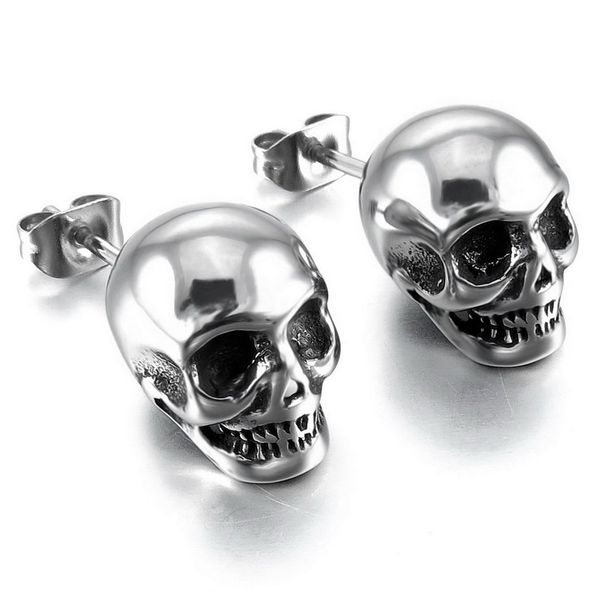 

vintage men's stainless steel stud gothic skull punk rock ear piercing earrings silver tone with a velvet bag, Golden;silver