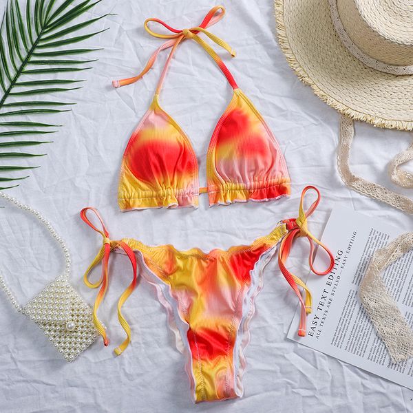 

tie dye ruffled frilled bikini women swimsuit female ribbed swimwear two pieces bikini set halter string bathing suit swiming