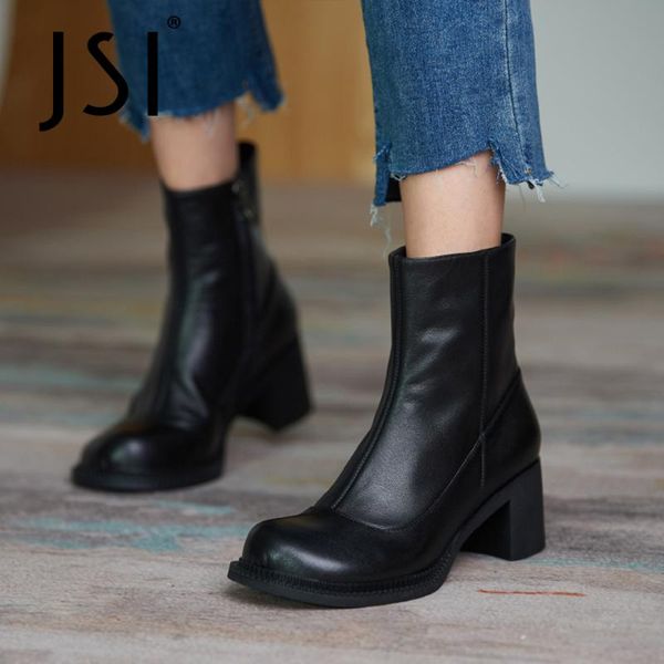 

boots jsi punky style ankle woman white round toe genuine leather high square chunky heel solid short lady shoes jo813, Black
