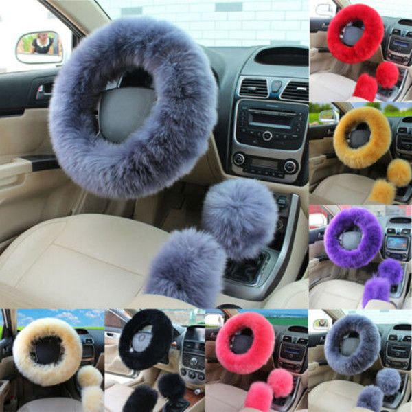 

3pcs universal car plush fuzzy steering wheel cover wool fur knob shifter brake