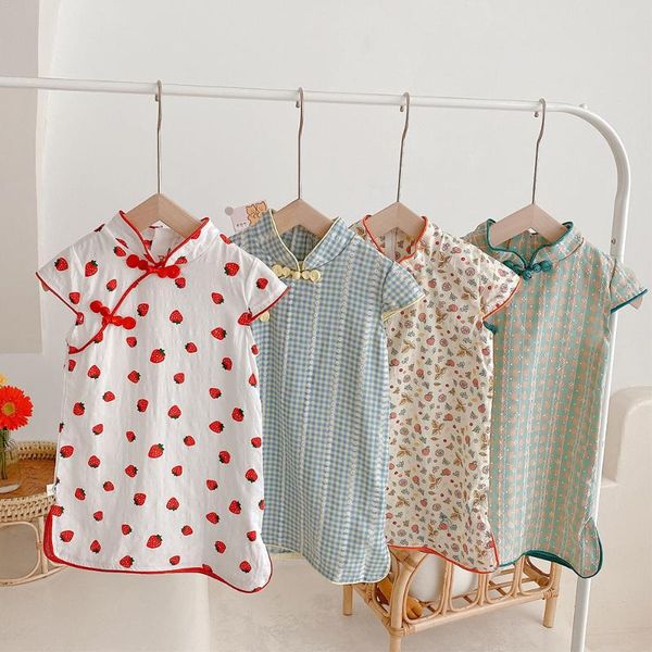 

girl's dresses 2021 summer chinese style baby girls short sleeve princess dress toddler kids cheongsam, Red;yellow