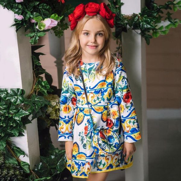 

princess girls long sleeve girl dress autumn brand children christmas with bag printed kids dresses for clothing, Red;yellow