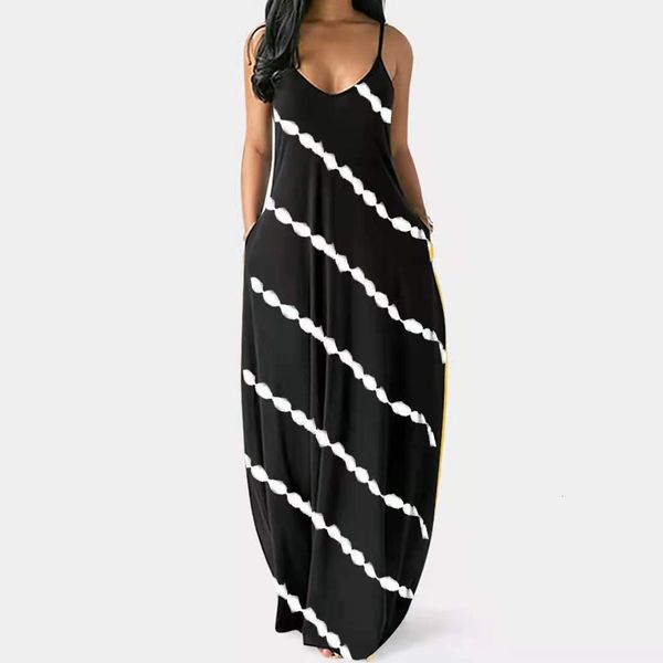 

women's clothing dresses new 2021 print stripe sleeveless v-neck super long dress casual vest with pocket, Black;gray