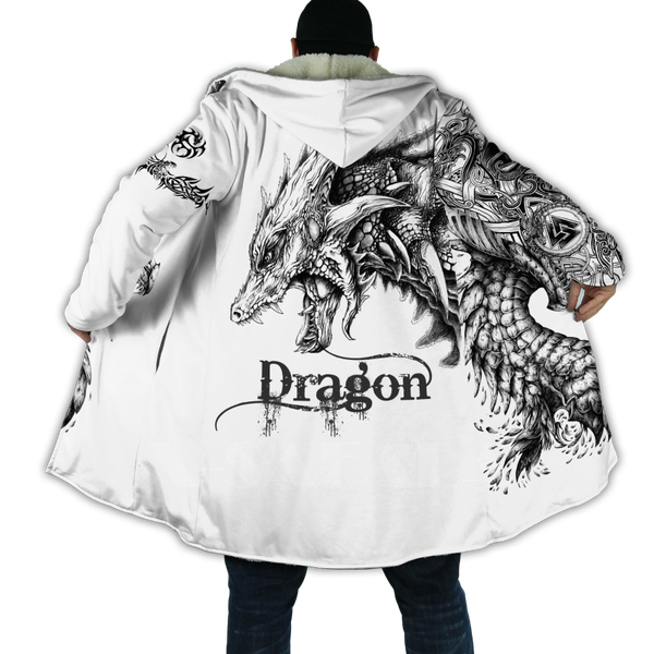 

men's wool & blends lava dragon skull tattoo print thick warm hooded cloak for men overcoat coat windproof fleece cape robe blanket-7, Black