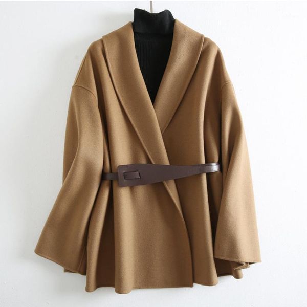 

women's wool & blends shuchan fashion 2021 autumn and winter coat streetwear adjustable waist sashes women fall clothing elegant, Black