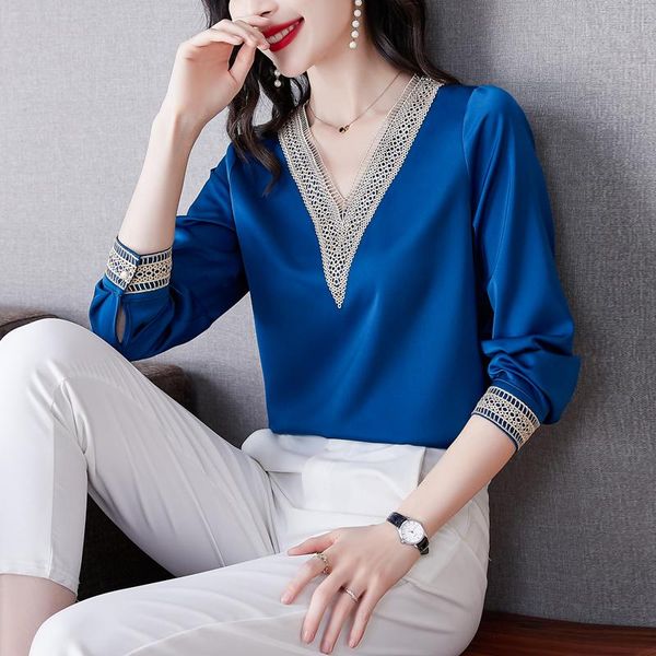 

women's blouses & shirts acetic satin chiffon long sleeves 2021 autumn v-neck embroidery fashion silk blusas femininas ladies 300b, White