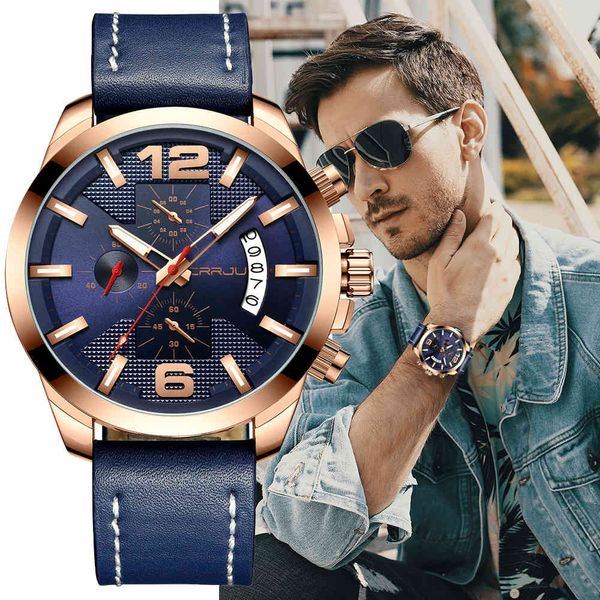 

crrju luxury multi-function chronograph men wristwatch fashion military sport waterproof leather male watch relogio masculino 210517, Slivery;brown