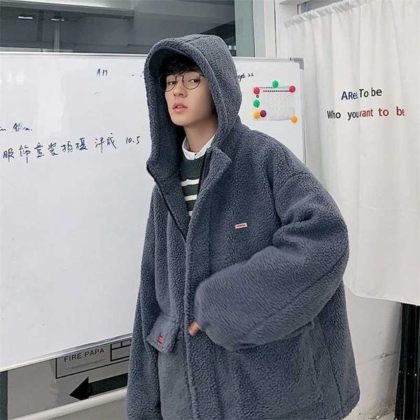 

men oversized hoodie lamb wool coat men's plus velvet thick winter padded jacket korean loose warm cotton outerwear 211129, Black