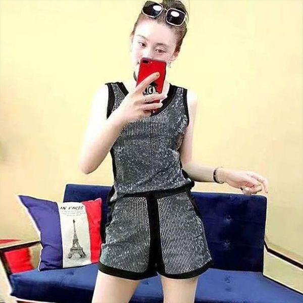 

summer 2 piece set women tracksuits heavy industry rhinestone fashion v neck vest straight wide leg pants casual suit female, Gray