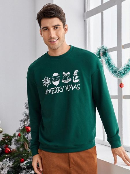 

men christmas print drop shoulder pullover p77u#, Black