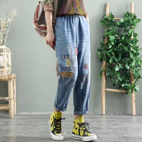 

women's jeans women -xl cute embroidery spring summer casual straight fashion denim pants, Blue