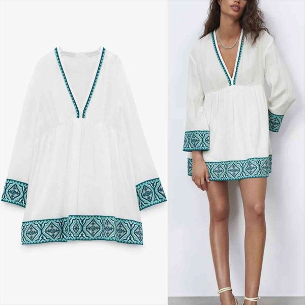 

textured mini embroidery za patchwork womens dresses long puff sleeve vintage loose summer female pleated white, Black;gray