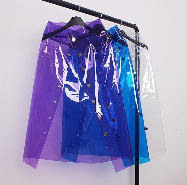 

skirts transparent color pvc womens high waist single-breasted skirt faldas mujer moda 2021 harajuku holographic gothic, Black