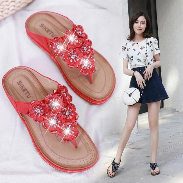 

slippers shoes women summer flowers beach slipper casual ladies flat flip flops sandals indoor outdoor, Black