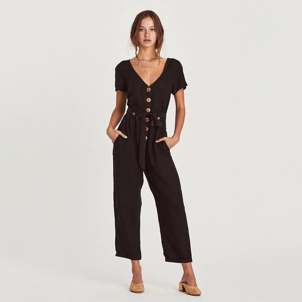 

women's jumpsuits & rompers jumpsuit women casual romper bodycon ankle length overalls 2021 fashion summer short sleeve v-neck ladies w, Black;white