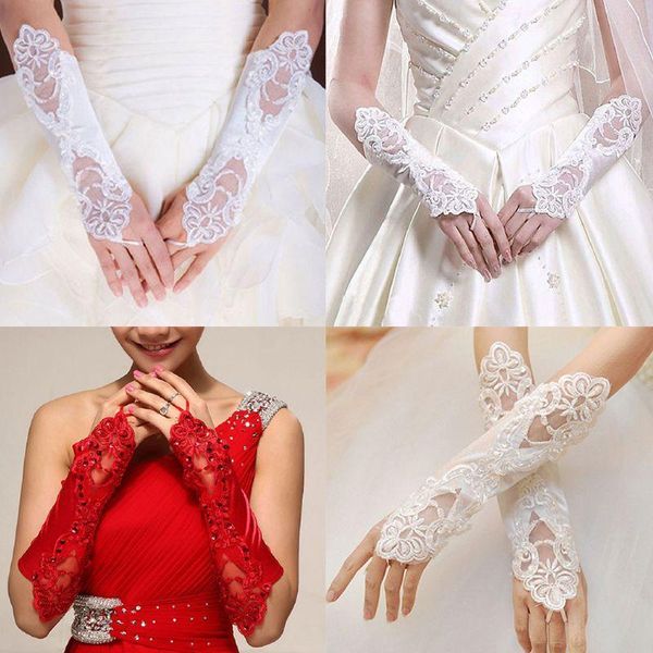 

bridal gloves women long fingerless embroidery lace glitter sequins solid color elbow length mittens hook finger wedding, White