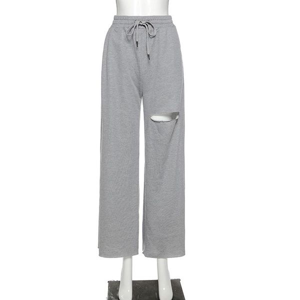 

women's pants & capris high waist 2021 casual street overalls ladies loose wide-leg straight-leg with solid color rope ripped, Black;white