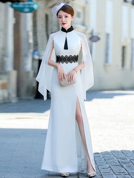 

hight split women slim satin evening dress mandarin collar long sleeve shawl cheongsam lace floral embroidery wedding gown ethnic cloth, Red