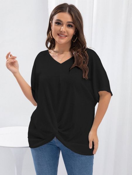 

plus batwing sleeve twist hem tee r49f#, Black