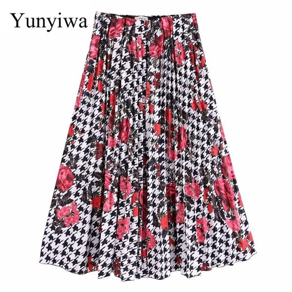 

skirts women fashion flower print vestidos houndstooth pleated skirt faldas mujer ladies stylish chic casual long, Black