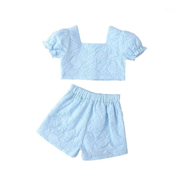 

girl retro square neckline light blue lantern sleeve blouse + shorts set floral printing lace single-breasted t-shirt clothing sets, White