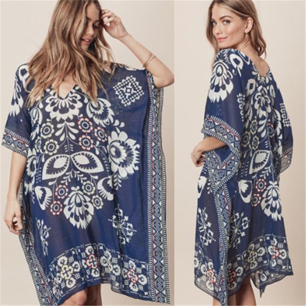 Mulheres Vintage impressas de biquíni de biquíni de decote em V Batwing Manga Batwing Plus Tamanho Vestido de natação Kaftan Blue Cotton Swimsuit Robe Pareos Sarongus