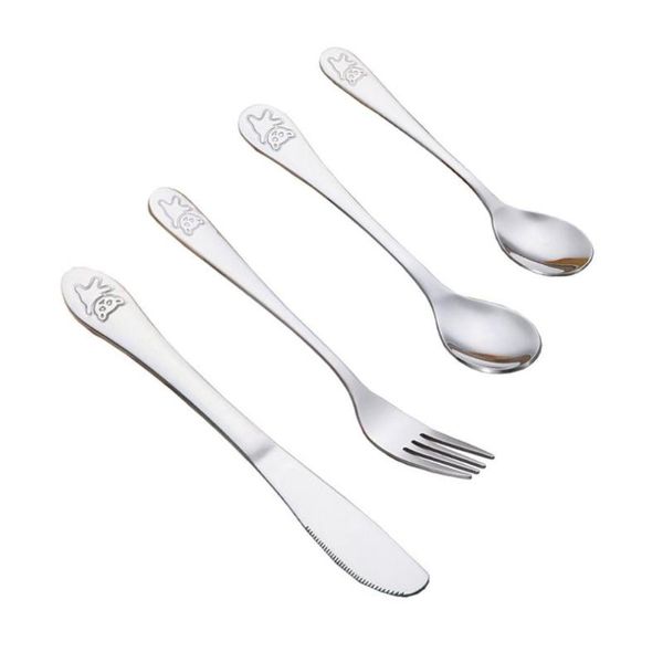 

4pcs/set stainless steel teaspoon spoon fork knife baby kids learning eating habit utensils set durable children tableware flatware sets