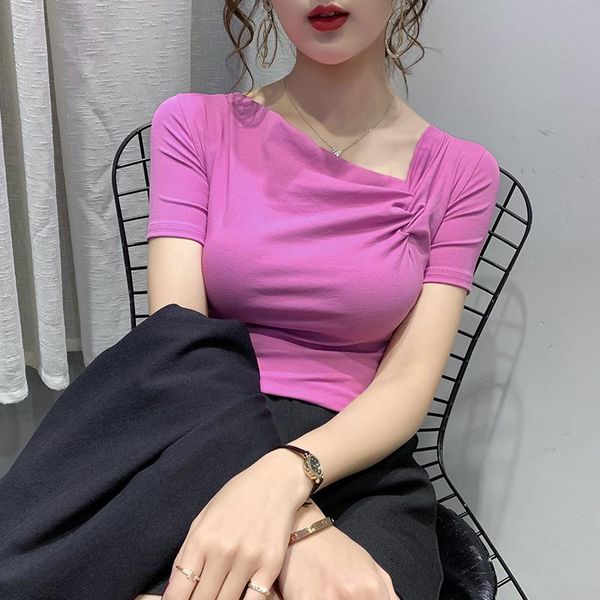 

women's t-shirt super oblique fire brought the clavicle coat female niche design 2021 summer render a with short sleeves, White