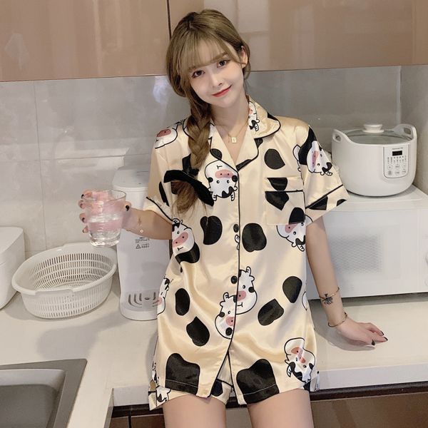 

silk pjs new ladies short sleeves satin sleepwear set home clothing suit sweet pyjamas elegant womens pajamas sets, Black;red
