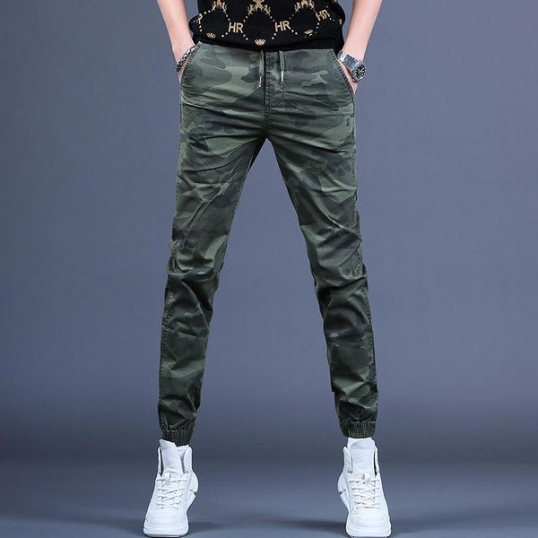 

men's pants men casual army green camouflage 2021 summer mens regular fit cotton drawstring trousers, Black