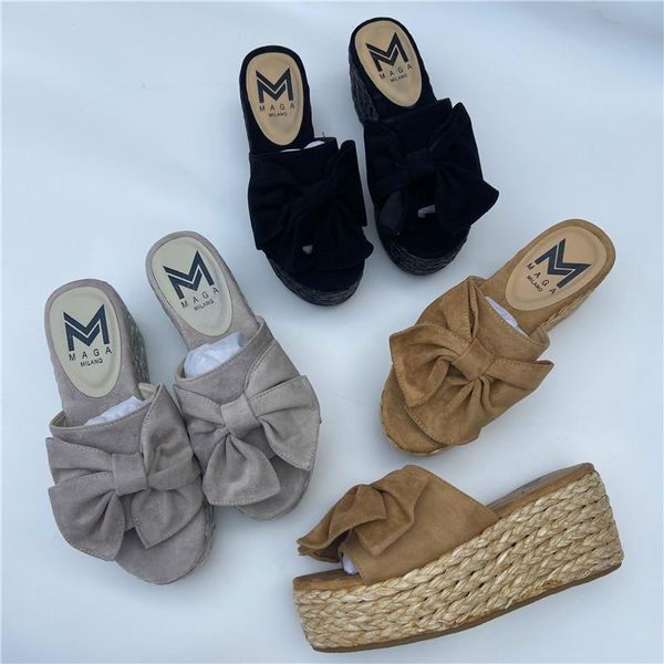 

big size rubber flip flops shoes woman 2021 butterfly-knot house slippers platform on a wedge flock pantofle hawaiian summer, Black