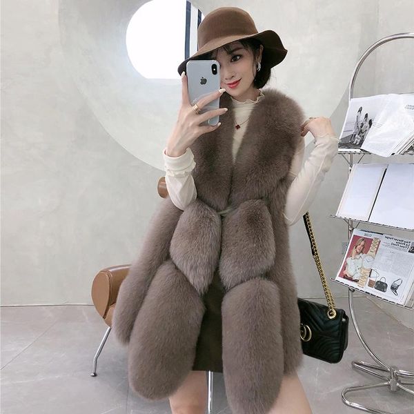 

women's fur & faux 2021 autumn and winter whole skin leather vest mid-length female v was thin coat, Black