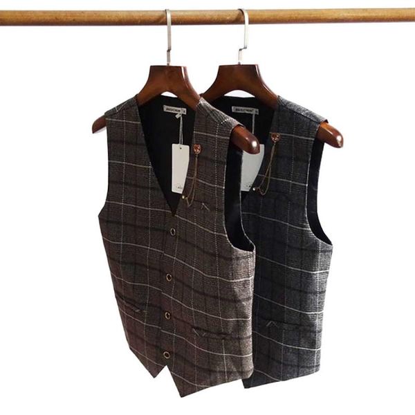 

fashion trendy waistcoat men's british retro business slim plaid suit vest male casual dress office wedding sleeveless jacket vests, Black;white