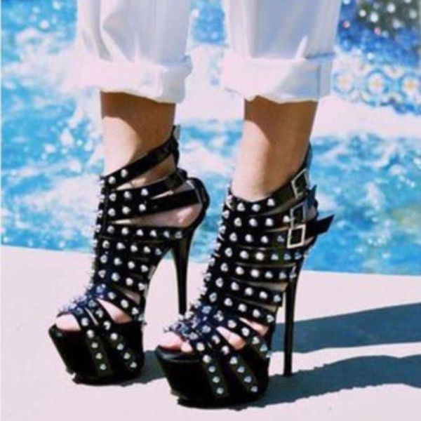 

dress shoes gladiator ultra 16cm high heels peep toe platform rivet women sandals stiletto buckle solid color women's autumn 2021, Black