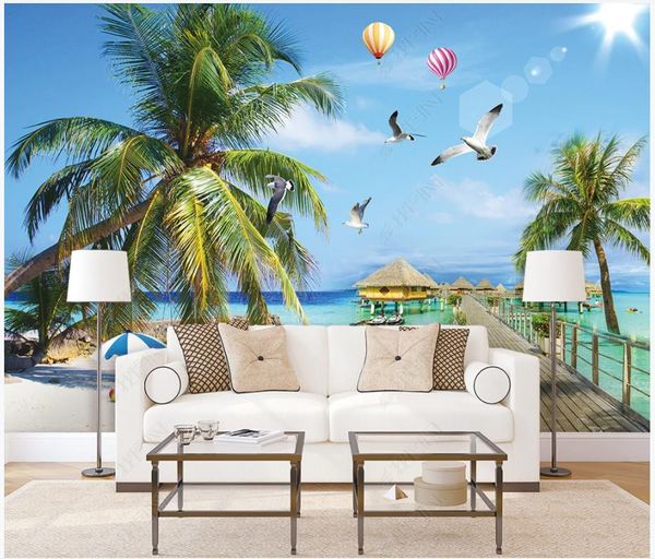 Custom Photo wallpapers 3d фрески обои для гостиной современный мультфильм романтическое средиземноморское дерево воздушный шар вид на море остров телевизор фон настенные бумаги