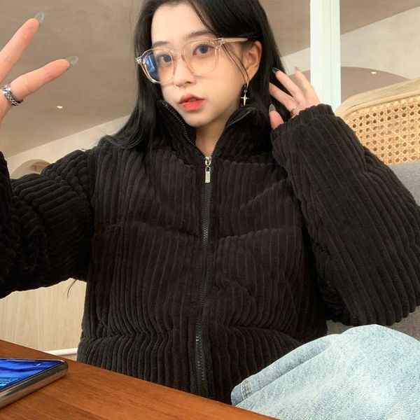 

women's wool & blends winter corduroy overcoat women thickened korean style loose coat, Black
