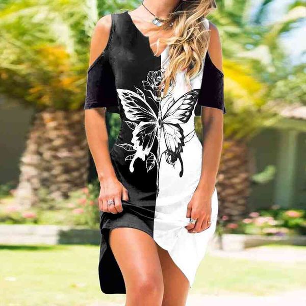 

casual womens dress o neck loose print short sleeve mid length off the shoulder summer 2, Black;gray