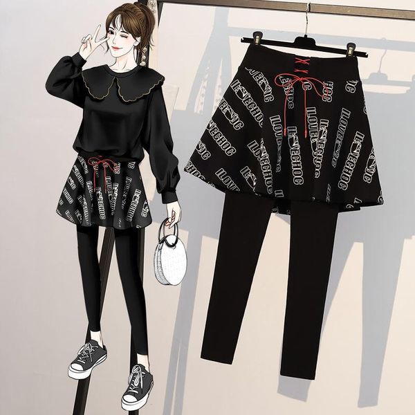 

women's leggings 2021 womens fake two-piece skort-letter printed dress fall/winter underwear stretch female trousers stacked high rise, Black