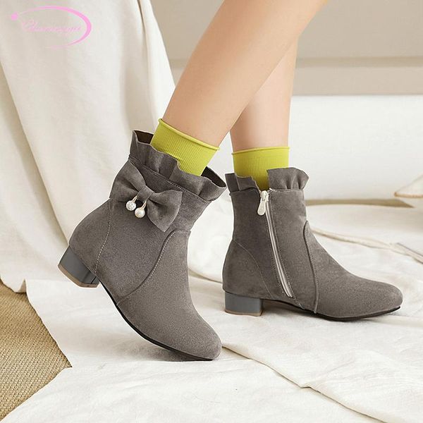 

boots sweet style round toe nubuck ankle fashion ruffles zipper beading bowknot low heel chunky riding women's shoes, Black