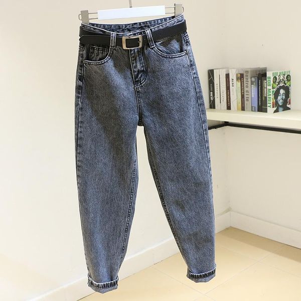 

women's jeans shnsophi winter 2021 harem trousers women ankle-length denim pants high waist korean 3xl mom blue vintage with belt