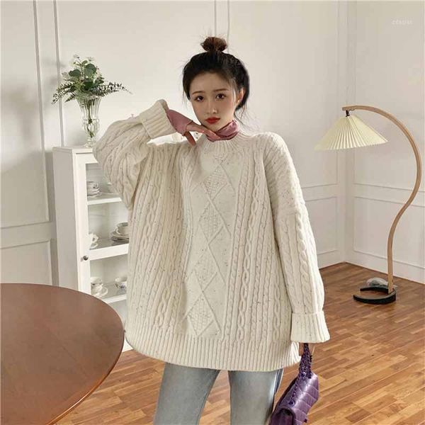 

autumn winter japanese oversize sweater women thick loose retro knit twist round neck pullover women's sweaters, White;black