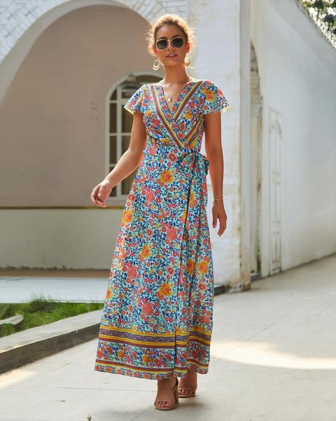 

spring floral printing long leisure women dresses v neck short sleeve ruffle bohemia female, Black;gray