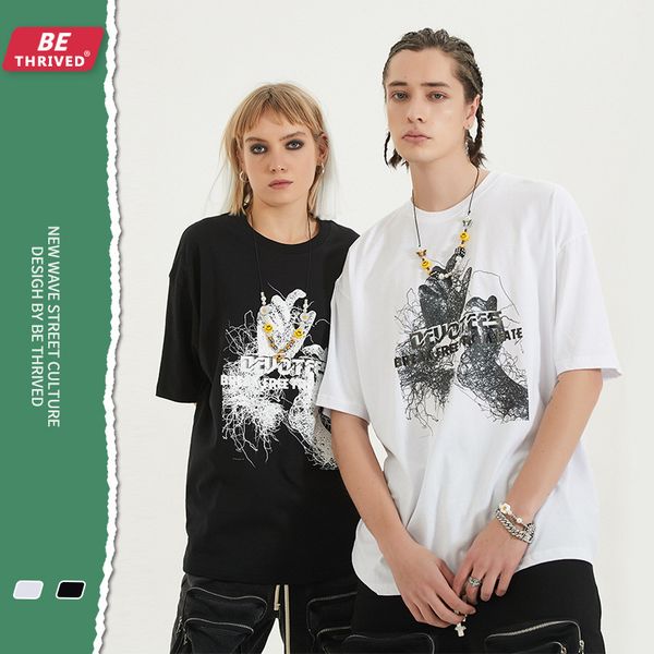 

be men's wear | 2021 summer new dark blood vsel hand printed short sve street high street loose trendy t-shirt for men and women, White;black