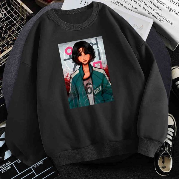 

men's squid printed sweatshirt, polar fashion clothing, korean tv seri character round neck sweatshirt, harajuku, autumn and winter, Black