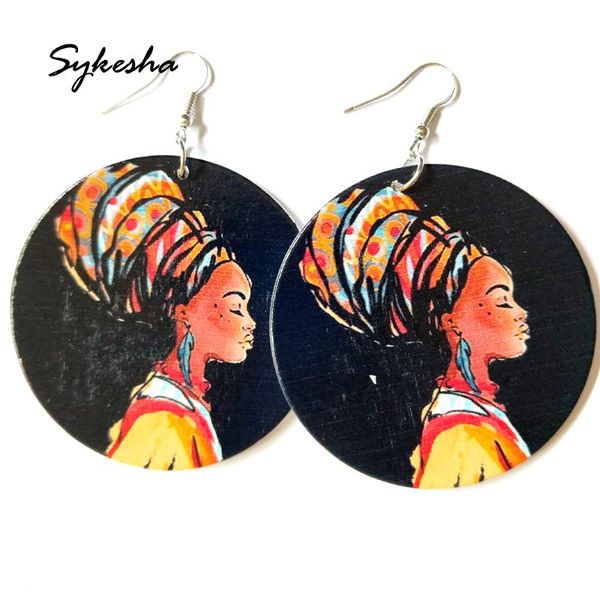 

africa bandana women figure printed wooden earrings national ethnic jewelry wood party christmas gift dangle & chandelier, Silver